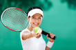 Woman in sportswear serves tennis ball. Competition
