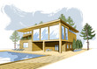 Vector colored background with modern house with swimming pool