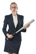Businesswoman with baseball bat on white
