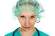 Beautiful woman surgeon angrily looks