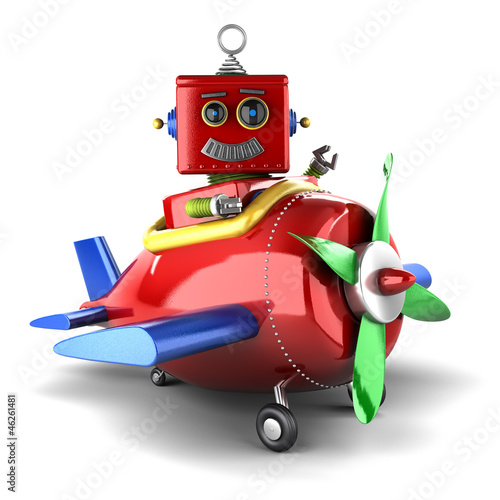 Illustration: Happy toy robot in plane over white background Happy toy robot in plane over white background