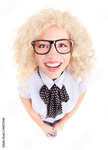Photo: Funny businesswoman concept, fish eye lens portrait Funny businesswoman concept, fish eye lens portrait