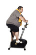 Fat man playing sport isolated on a white background