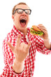Funny man in glasses eating hamburger