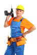 Foto: Male builder with drill in hand isolated on white close-up Male builder with drill in hand isolated on white close-up