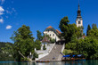 Photo: Bled island with its steep staircase, Lake Bled, Slovenia. Bled island with its steep staircase, Lake Bled, Slovenia.