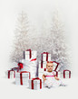 Baby girl over christmas trees and heap of gift boxes background