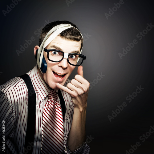 Photo: Nerd IT Help Desk Phone Operator Over Copyspace Nerd IT Help Desk Phone Operator Over Copyspace