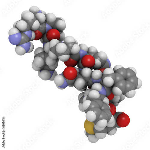 Illustration: Substance P neuropeptide molecule, chemical structure. Substance P neuropeptide molecule, chemical structure.