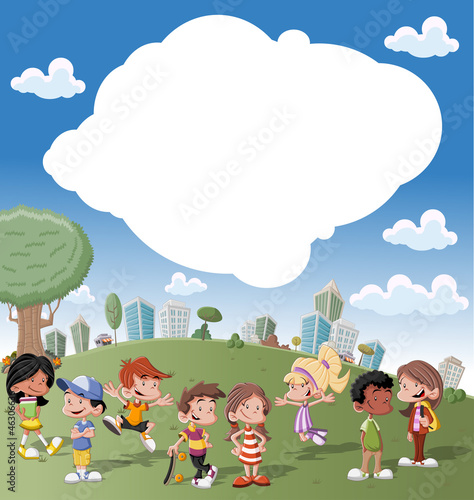 Vector: cartoon kids playing in green park on the city cartoon kids playing in green park on the city