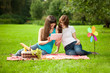 Two women in the park on a picnic and Tablet PC