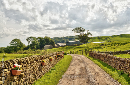 Photo: Country lane bordered by stone walls and fields. Country lane bordered by stone walls and fields.