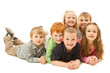 Group of happy kids laying on floor together