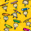 Seamless background of happy drawing kids with pens
