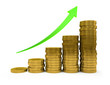 Illustration: Business Graph with arrow and coins showing profits and gains Business Graph with arrow and coins showing profits and gains