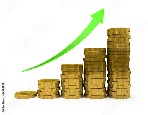 Illustration: Business Graph with arrow and coins showing profits and gains Business Graph with arrow and coins showing profits and gains