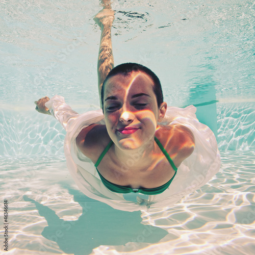 Photo: Underwater woman portrait with green bikini in swimming pool. Underwater woman portrait with green bikini in swimming pool.