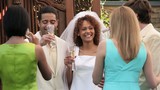 Video: Smiling bride and groom toasting and drinking champagne with friends at wedding reception Smiling bride and groom toasting and drinking champagne with friends at wedding reception