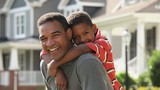 Vidéo : Smiling Black father and son hugging and looking at camera in front yard of suburban house Smiling Black father and son hugging and looking at camera in front yard of suburban house