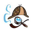 Detective hat, lens and smoking pipe
