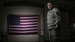 Hispanic soldier in voting hall in front of flag