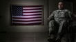 Hispanic soldier in wheelchair with missing left arm in front of American flag