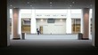Black businessman running through empty convention center
