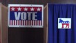 Voting booths with Democrat and Republican logo on curtains