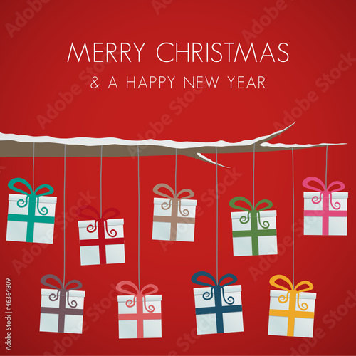 Vector: gift boxes hang on twine tree branch gift boxes hang on twine tree branch