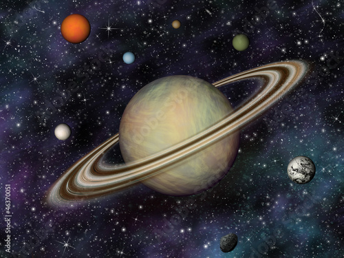 Illustration: 3D Solar System. Saturn and its 7 largest moons. 3D Solar System. Saturn and its 7 largest moons.