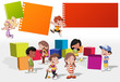 group of cute happy cartoon kids playing
