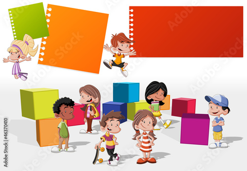 Vector: group of cute happy cartoon kids playing group of cute happy cartoon kids playing