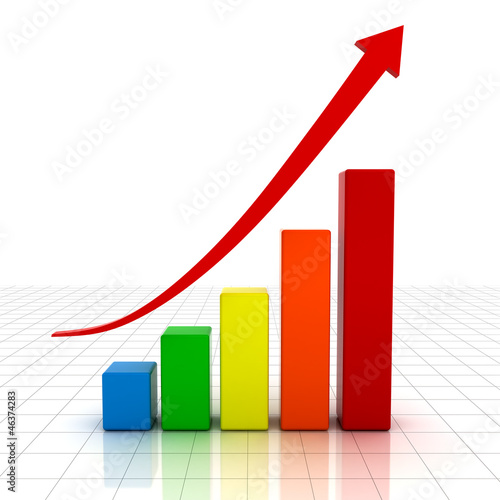 Illustration: Business graph with red rising arrow over white background Business graph with red rising arrow over white background