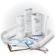 Architectural background with rolls of drawings