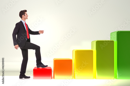 Illustration: smiling business man stepping on a growing graph smiling business man stepping on a growing graph