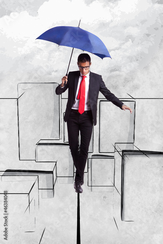 Illustration: Business man in equilibrium over illustrated city Business man in equilibrium over illustrated city