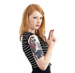 Red Head Isolated on White Holding Hands in Shape of Gun Isolate