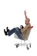 Bald man sat in trolley with steering wheel