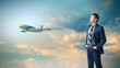 Business travelling collage with a plane