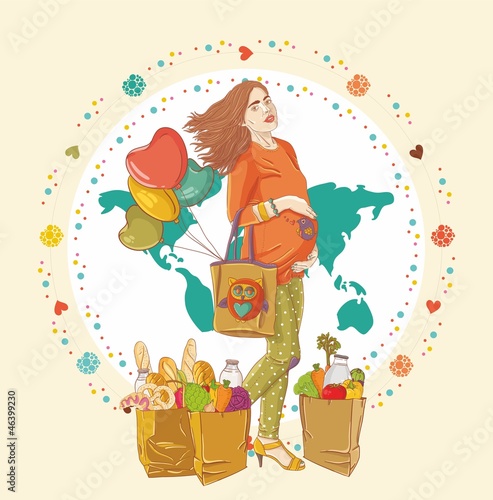 Vector: Young pregnant woman, stay with shopping bag Young pregnant woman, stay with shopping bag