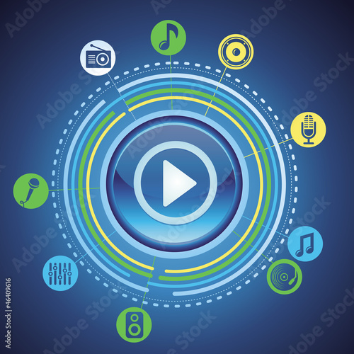Vector: music concept with bright play button and icons music concept with bright play button and icons