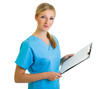 Photo: Woman in medical doctor uniform holding clipboard Woman in medical doctor uniform holding clipboard