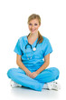 Woman in medical doctor suit isolated on white