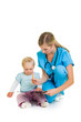 Doctor with toddler child isolated on white