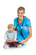 Doctor with toddler child isolated on white