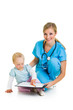 Doctor with toddler child isolated on white