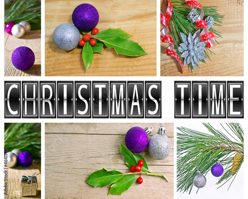 Photo: Christmas fir tree with decoration on a wooden board Christmas fir tree with decoration on a wooden board