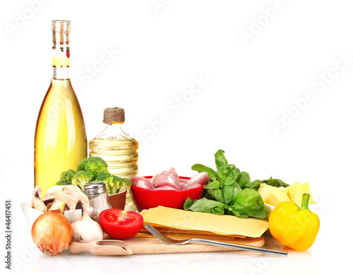 Photo: Lasagna ingredients isolated on white Lasagna ingredients isolated on white