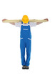 Carpenter with planks of wood along shoulder