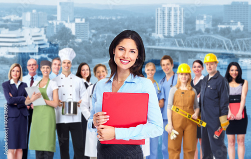 Photo: Business woman and group of workers people. Business woman and group of workers people.